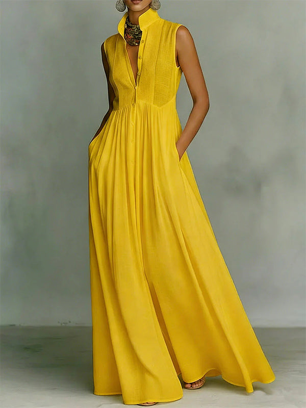 Solid Button-Front Sleeveless Dress