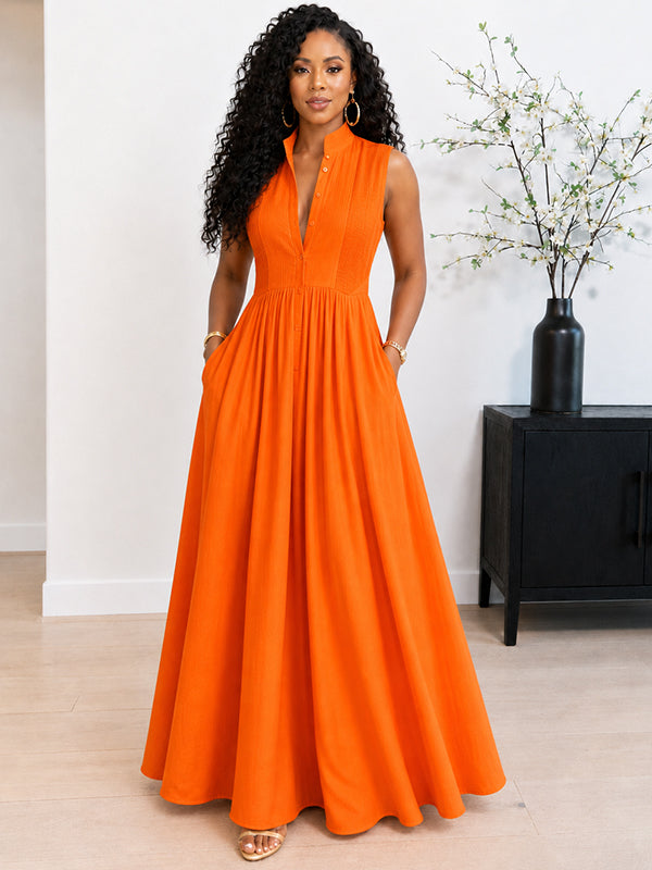 Solid Button-Front Sleeveless Dress