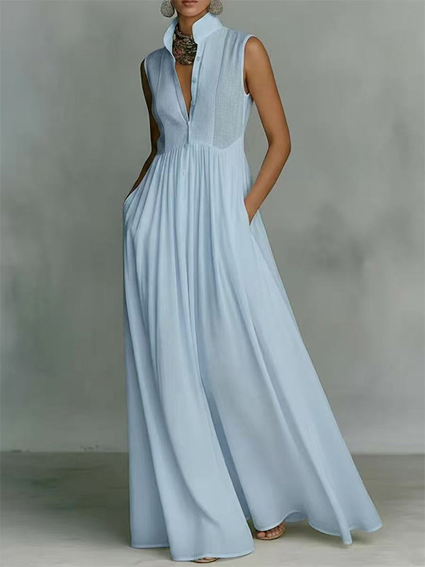 Solid Button-Front Sleeveless Dress