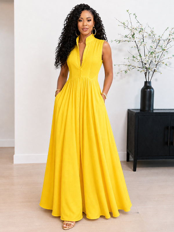 Solid Button-Front Sleeveless Dress