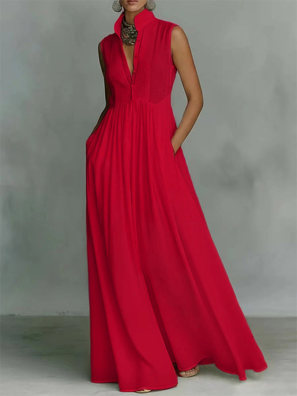 Solid Button-Front Sleeveless Dress