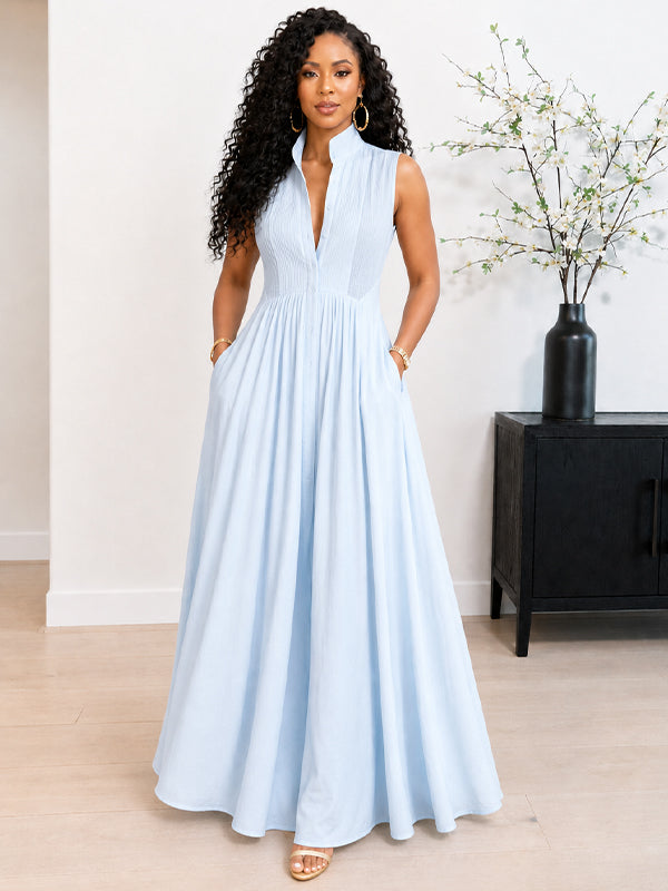 Solid Button-Front Sleeveless Dress