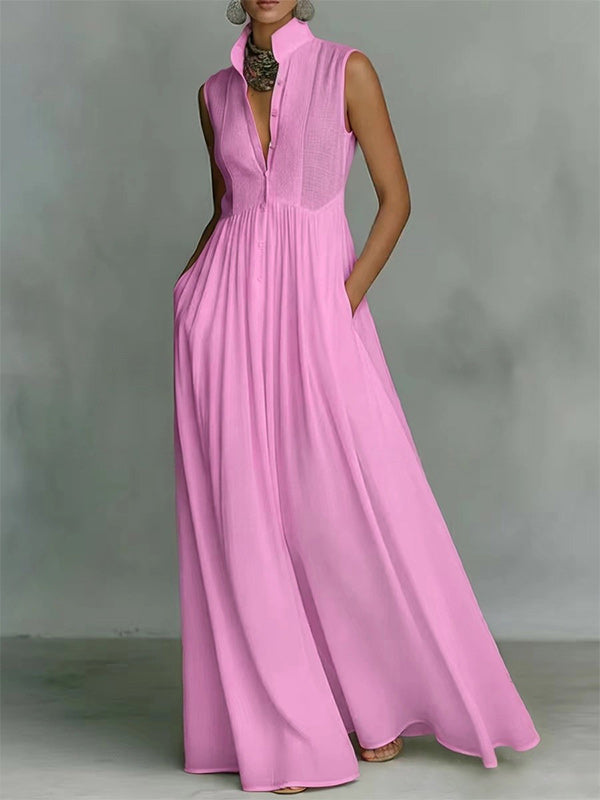 Solid Button-Front Sleeveless Dress