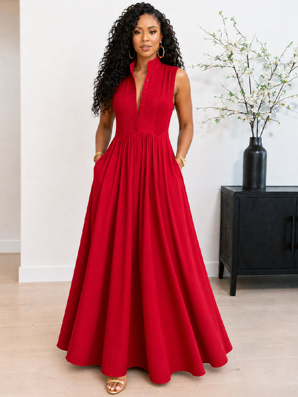 Solid Button-Front Sleeveless Dress