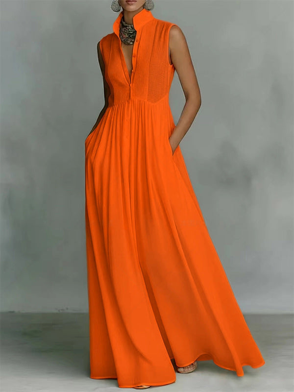 Solid Button-Front Sleeveless Dress