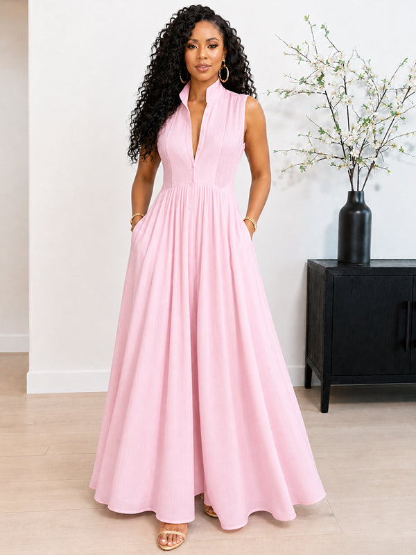 Solid Button-Front Sleeveless Dress