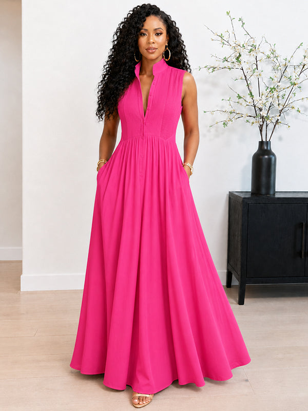 Solid Button-Front Sleeveless Dress