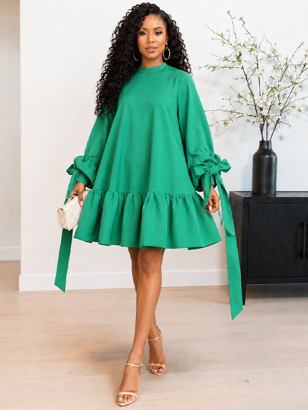 Solid Puff-Sleeve Ruffle Dress
