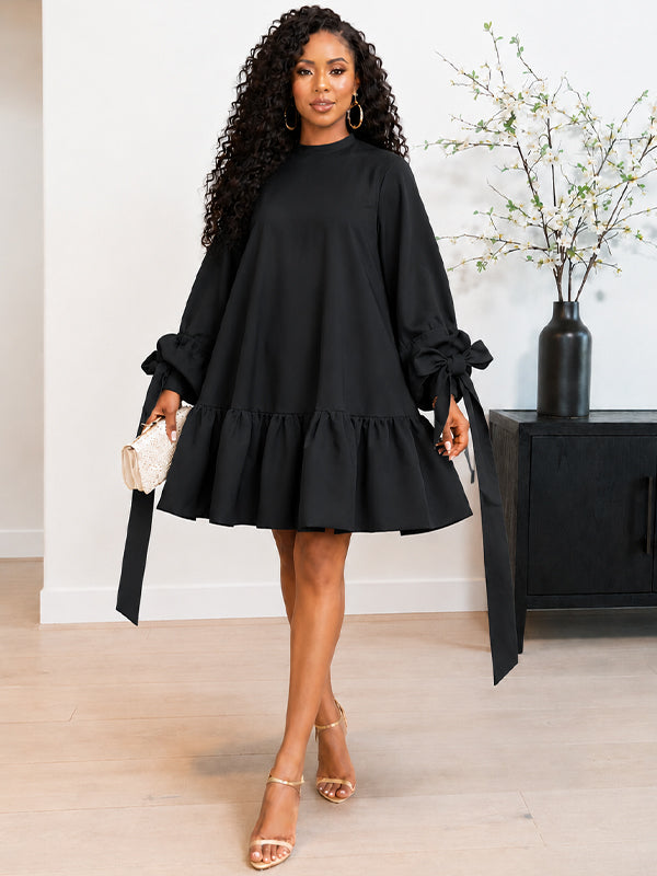 Solid Puff-Sleeve Ruffle Dress