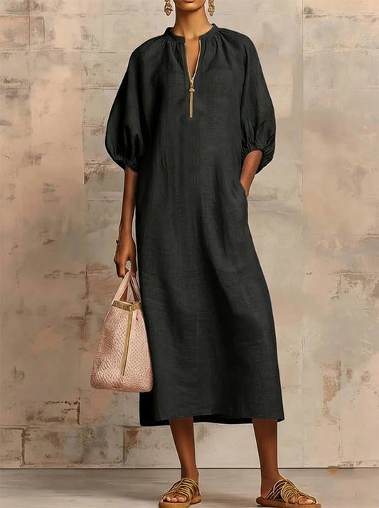 Solid Puff-Sleeve Zip-Front Dress
