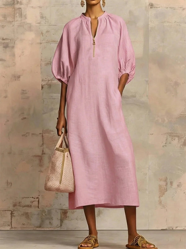 Solid Puff-Sleeve Zip-Front Dress
