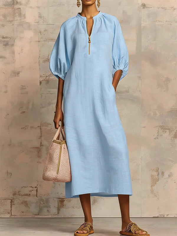 Solid Puff-Sleeve Zip-Front Dress