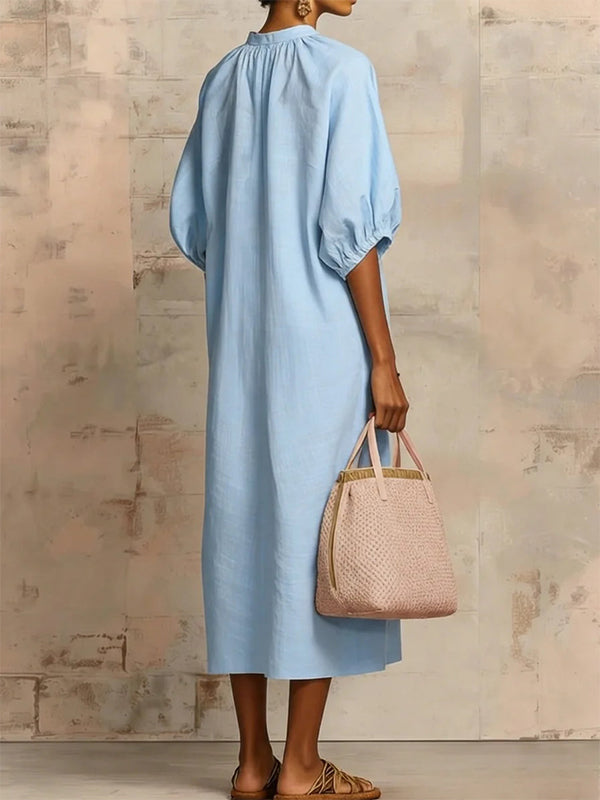 Solid Puff-Sleeve Zip-Front Dress