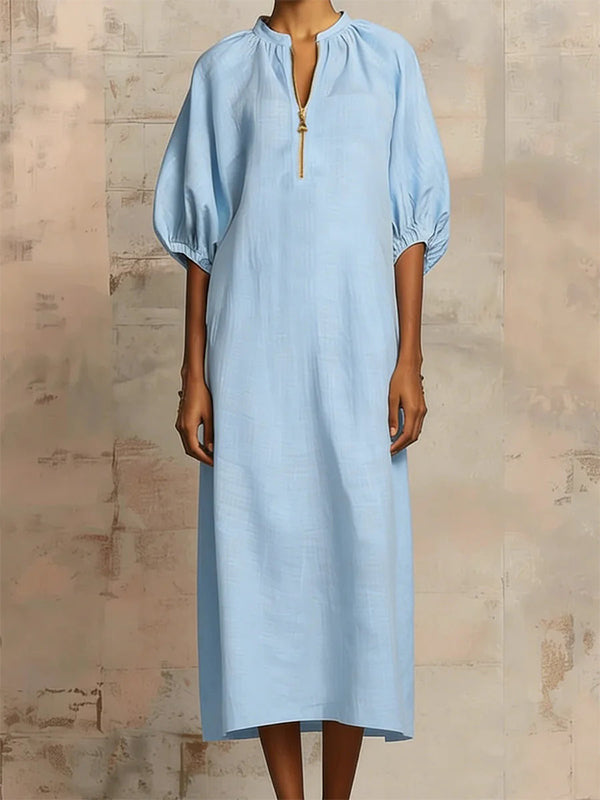 Solid Puff-Sleeve Zip-Front Dress