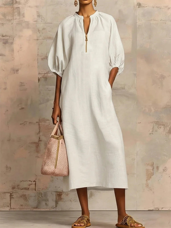 Solid Puff-Sleeve Zip-Front Dress