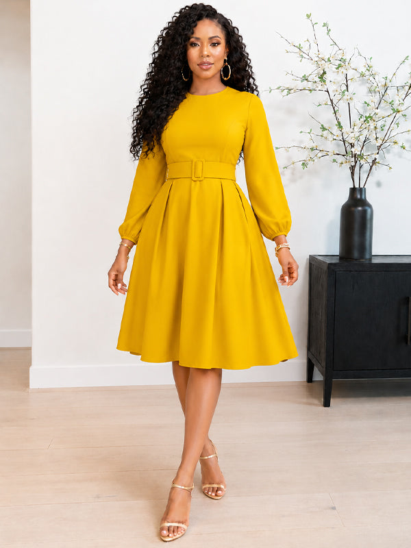 Solid Round-Neck Belted Dress