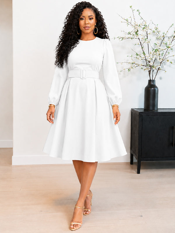 Solid Round-Neck Belted Dress