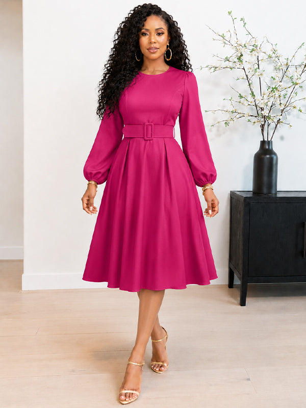 Solid Round-Neck Belted Dress