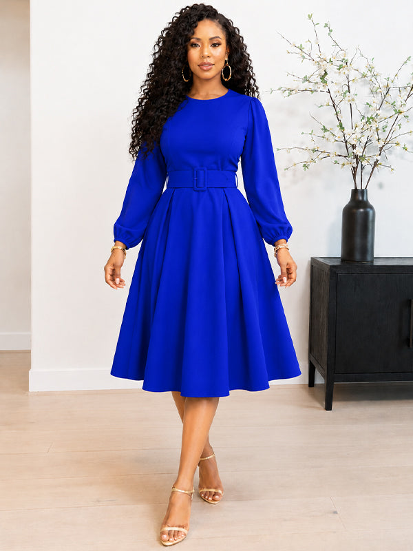Solid Round-Neck Belted Dress