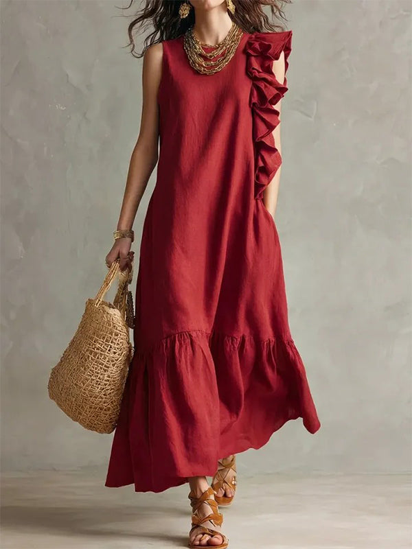 Solid Ruffle Sleeveless Dress