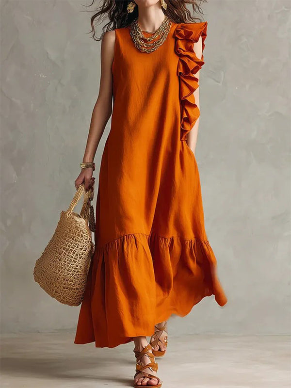Solid Ruffle Sleeveless Dress