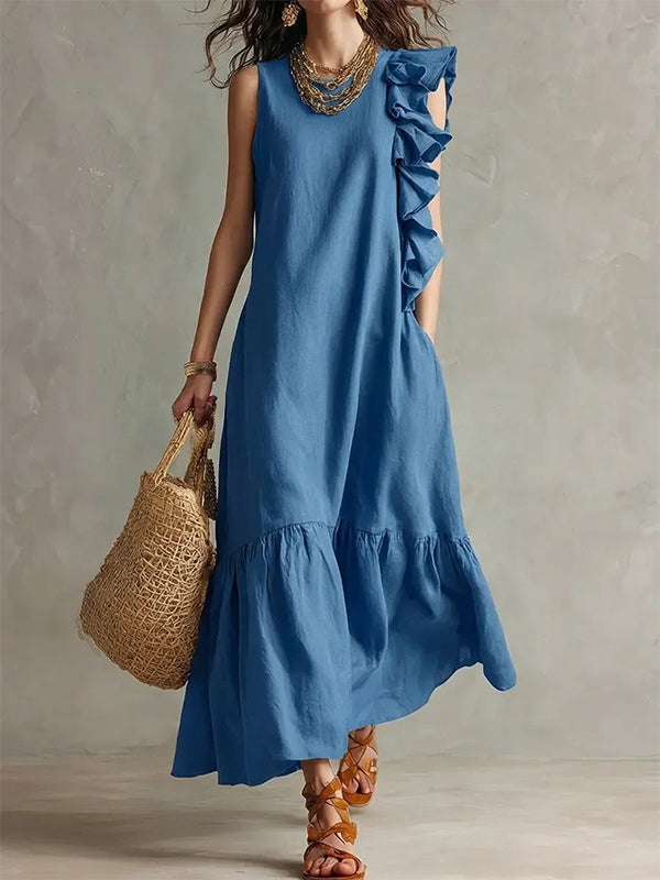 Solid Ruffle Sleeveless Dress