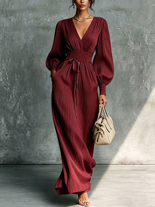 Solid V-Neck Cinched-Waist Dress