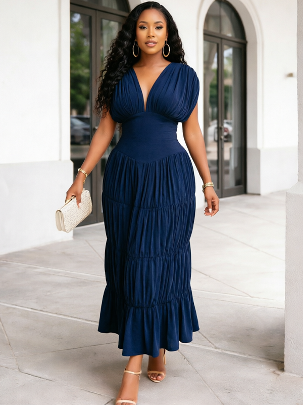 Solid V-Neck Ruched Dress