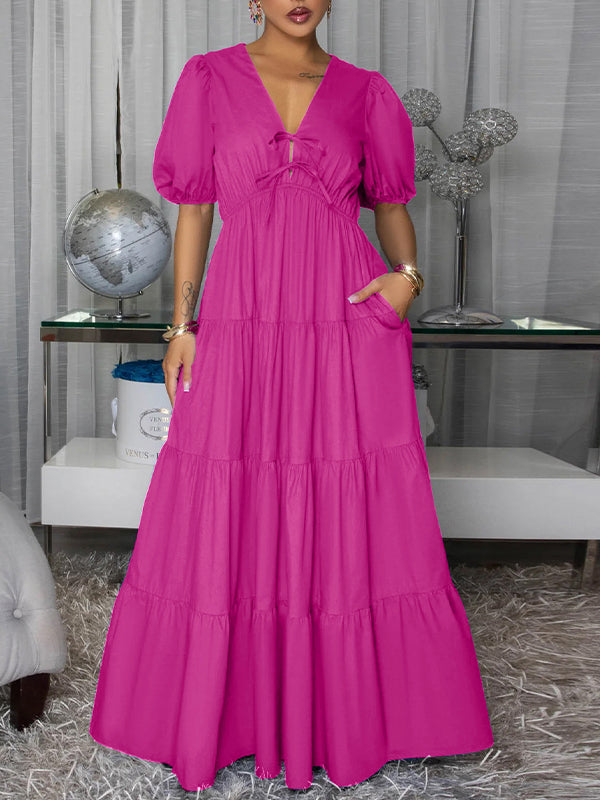 Solid V-Neck Ruffle Dress