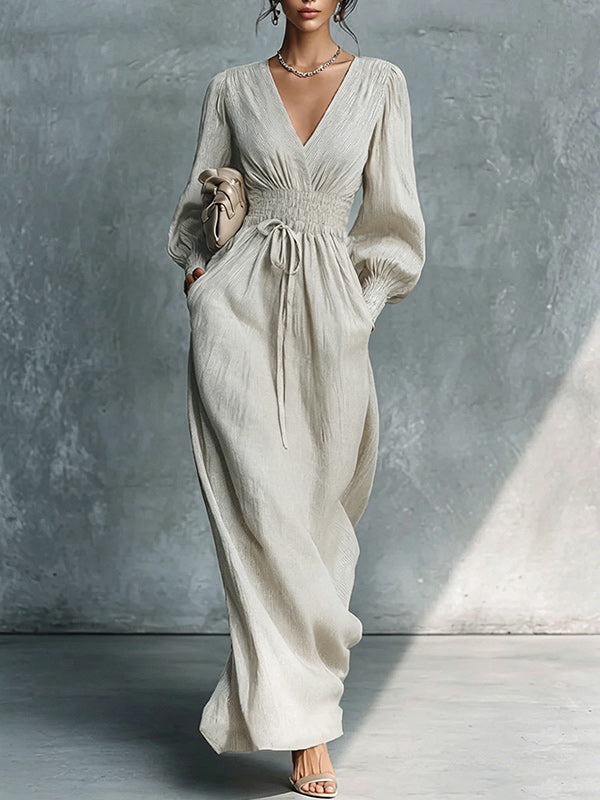 Solid V-Neck Tied Dress