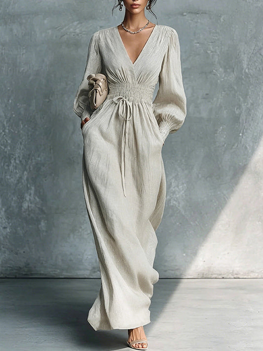 Solid V-Neck Tied Dress