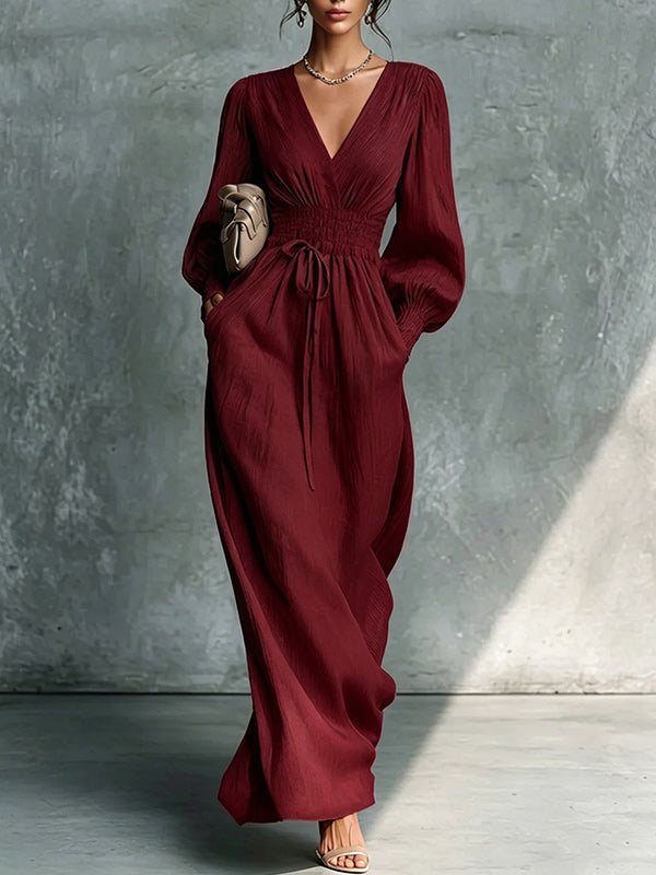 Solid V-Neck Tied Dress