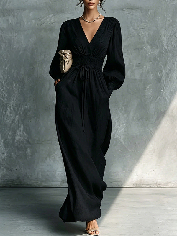 Solid V-Neck Tied Dress