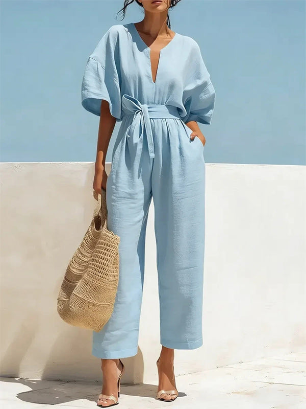 Solid V-Neck Tied Jumpsuit