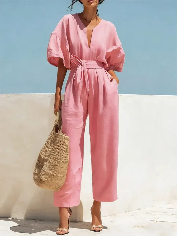 Solid V-Neck Tied Jumpsuit