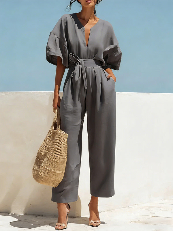 Solid V-Neck Tied Jumpsuit