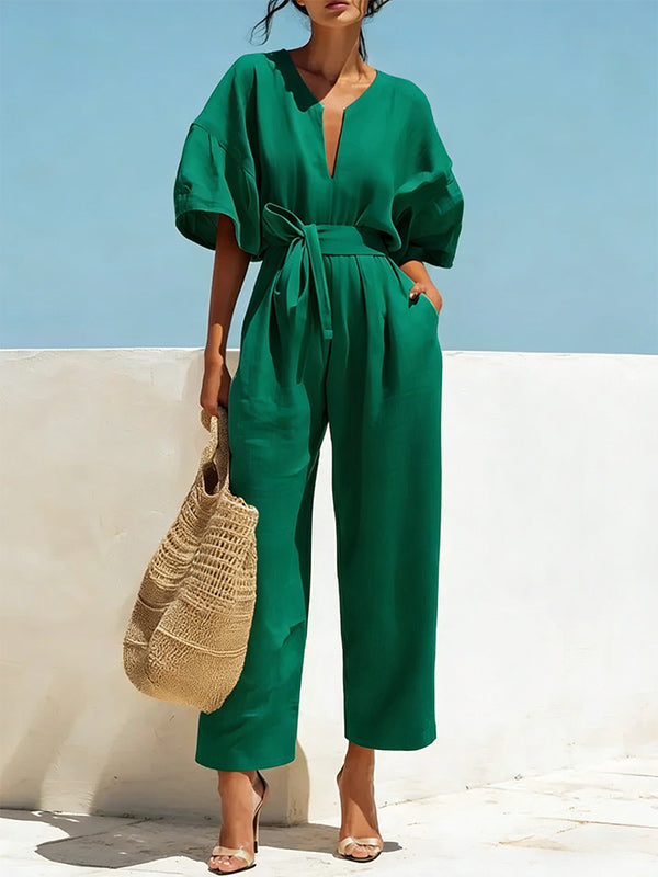 Solid V-Neck Tied Jumpsuit
