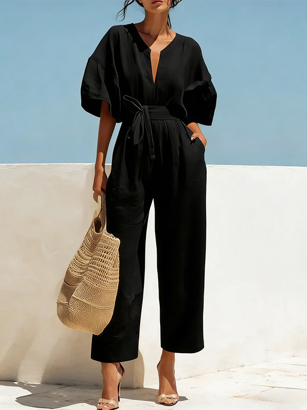Solid V-Neck Tied Jumpsuit