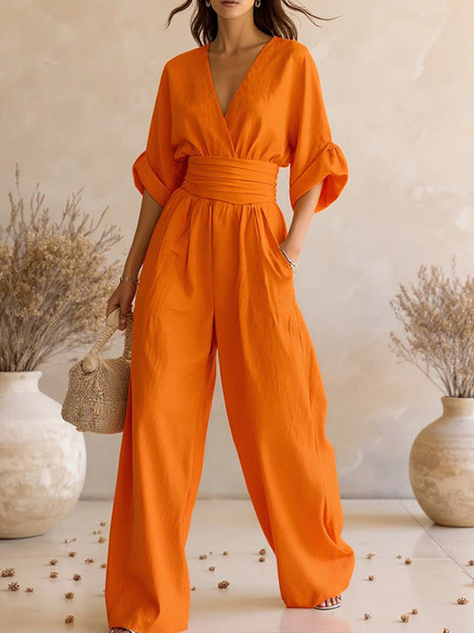 Solid V-Neck Wide-Leg Jumpsuit--Clearance