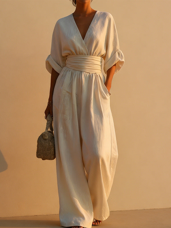 Solid V-Neck Wide-Leg Jumpsuit--Clearance