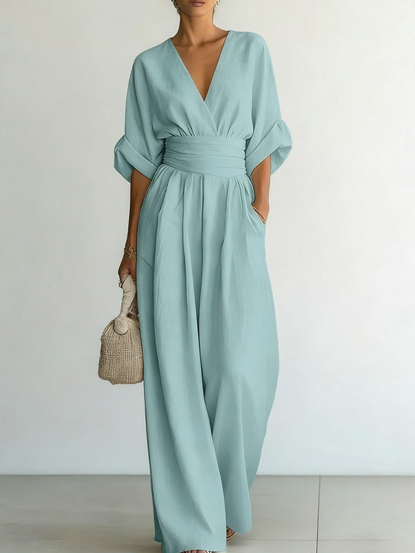 Solid V-Neck Wide-Leg Jumpsuit--Clearance