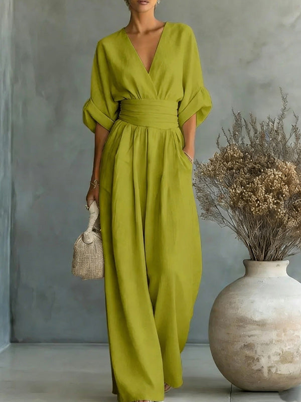 Solid V-Neck Wide-Leg Jumpsuit--Clearance