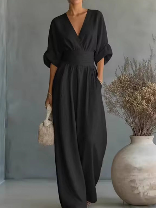 Solid V-Neck Wide-Leg Jumpsuit--Clearance