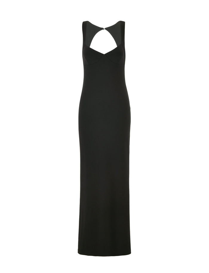 Introducing the TIGERMIST Sonnet Maxi Dress: a long black gown with a fitted silhouette. It features a stunning sweetheart neckline and open back design, complemented by unique cut-outs near the chest and shoulder straps, creating an elegant, modern look. The hemline gracefully extends to the floor.