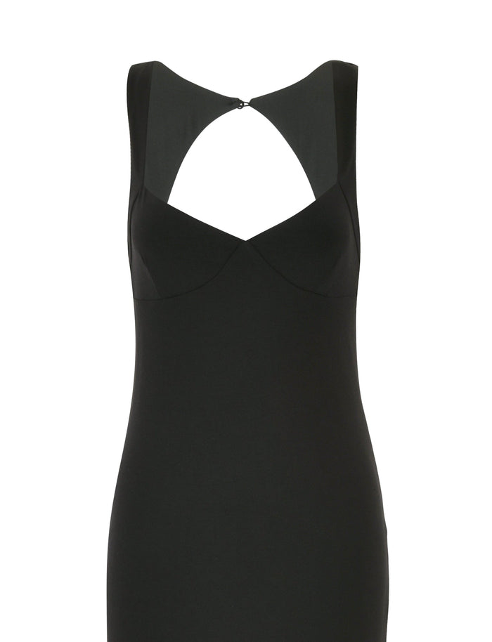 The SONNET MAXI DRESS - BLACK by TIGERMIST is a stunning black sleeveless creation that showcases a fitted silhouette with a keyhole neckline and an open back design.