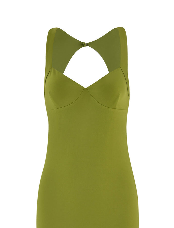 The SONNET MAXI DRESS - GREEN by TIGERMIST is a sleeveless dress with a fitted bodice and minimalist design, featuring a distinctive triangular cutout below the bust for an elegant touch. A clasp at the back completes this maxi-length dress's simple yet stylish look.