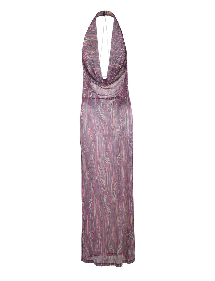 Introducing the SONORA DRESS - MULTI : ROSE STRIPE from TIGERMIST. This long, sleeveless dress features a plunging halter neckline and a striking swirling pattern in shades of purple, pink, and white. With its form-fitting silhouette, it offers an elegant and stylish appearance.