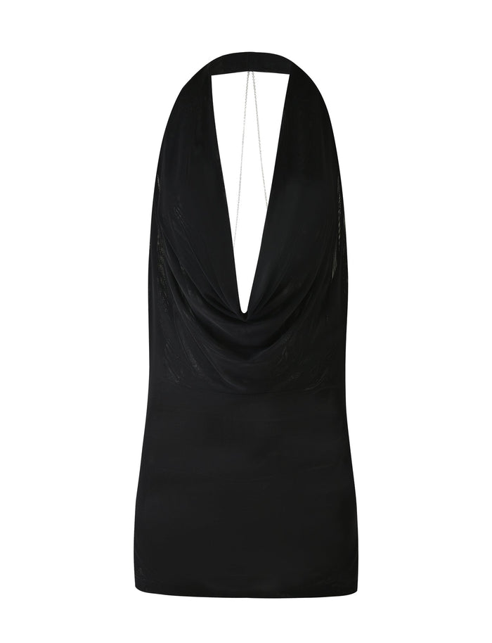 The SONORA MINI DRESS - BLACK from TIGERMIST is a sleeveless dress featuring a draped cowl neckline and an open back design. It is connected by a thin strap embellished with chain detailing at the upper back, with smooth and slightly glossy fabric that provides an elegant look.