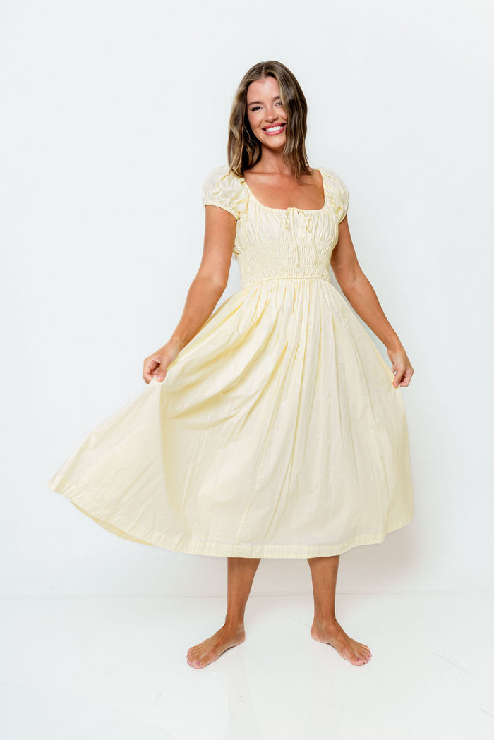 Sophia 100% Cotton Midi Dress in Butter Yellow