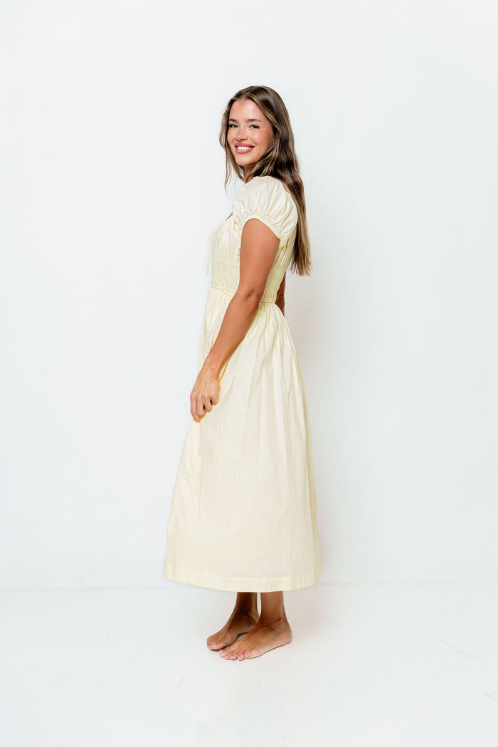 Sophia 100% Cotton Midi Dress in Butter Yellow